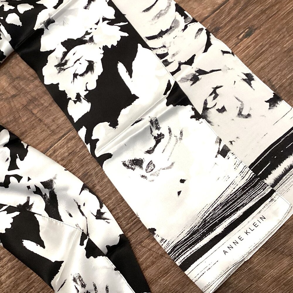 Black and White Silk Scarf, Anne Klein Vintage Floral Print with Stripes, Long